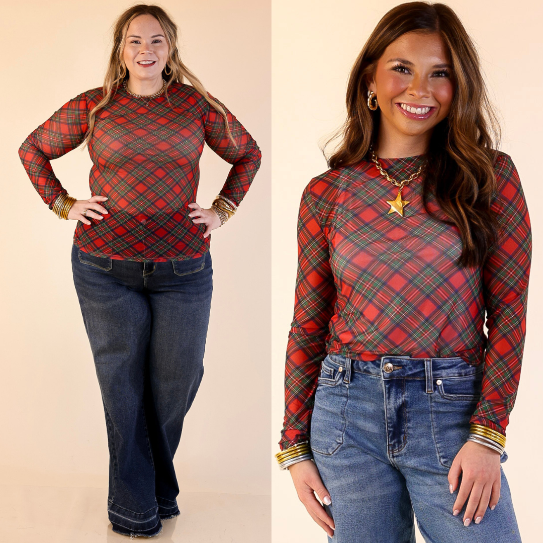 Models are wearing Tartan Plaid Print Mesh Long Sleeve Top in Red with blue jeans on a beige background.