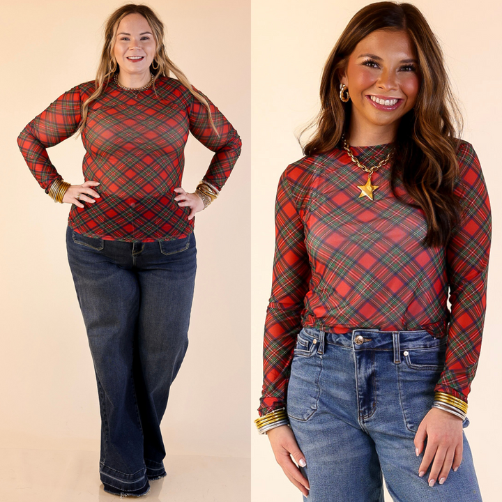 Models are wearing Tartan Plaid Print Mesh Long Sleeve Top in Red with blue jeans on a beige background.
