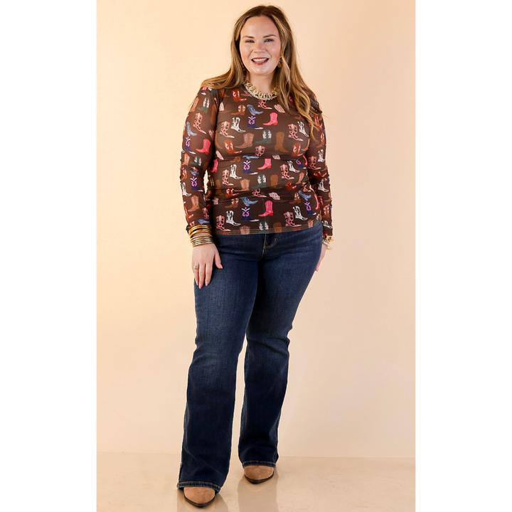 The Perfect Layer Western Boot Print Mesh Long Sleeve Top in Brown