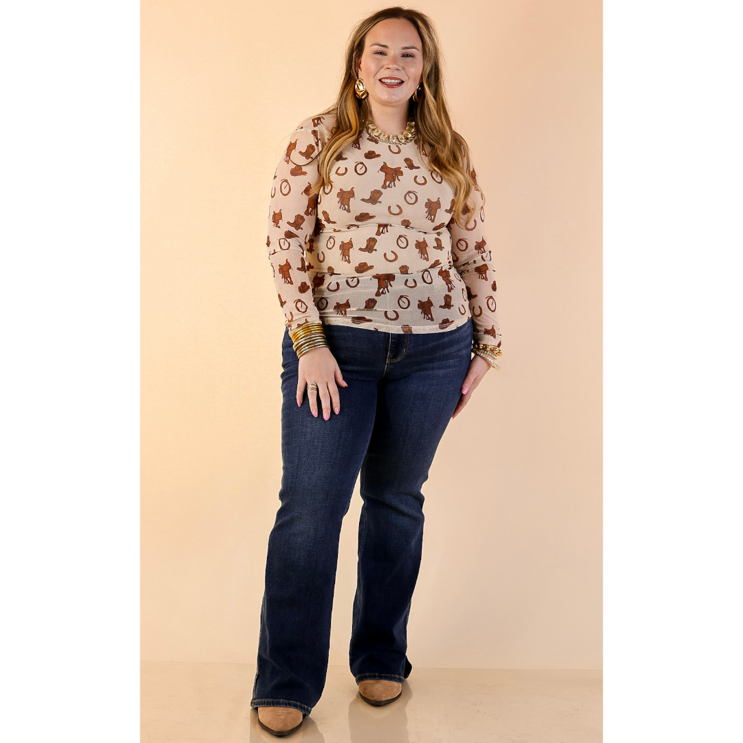 The Perfect Layer Western Icons Print Mesh Long Sleeve Top in Cream and Brown