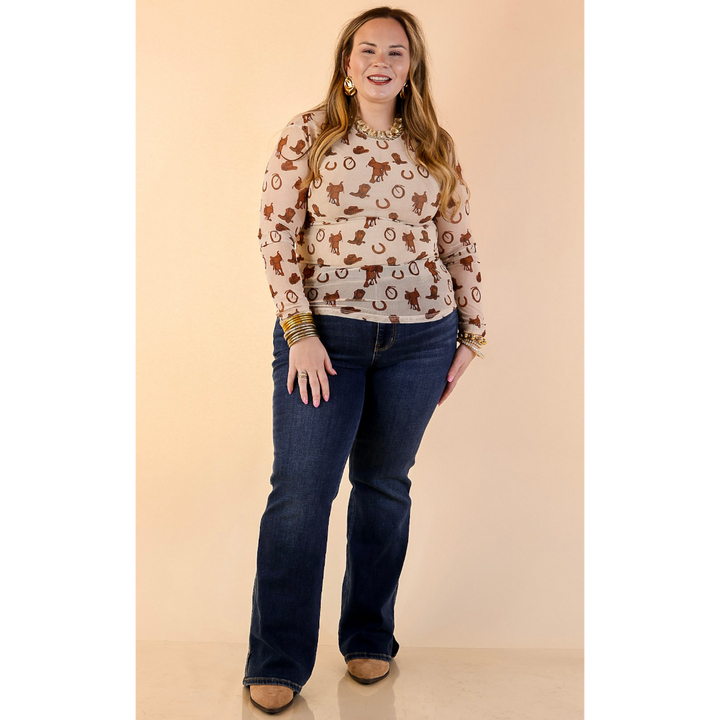 The Perfect Layer Western Icons Print Mesh Long Sleeve Top in Cream and Brown