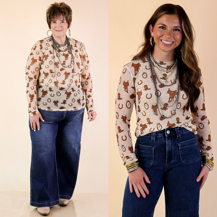 The Perfect Layer Western Icons Print Mesh Long Sleeve Top in Cream and Brown