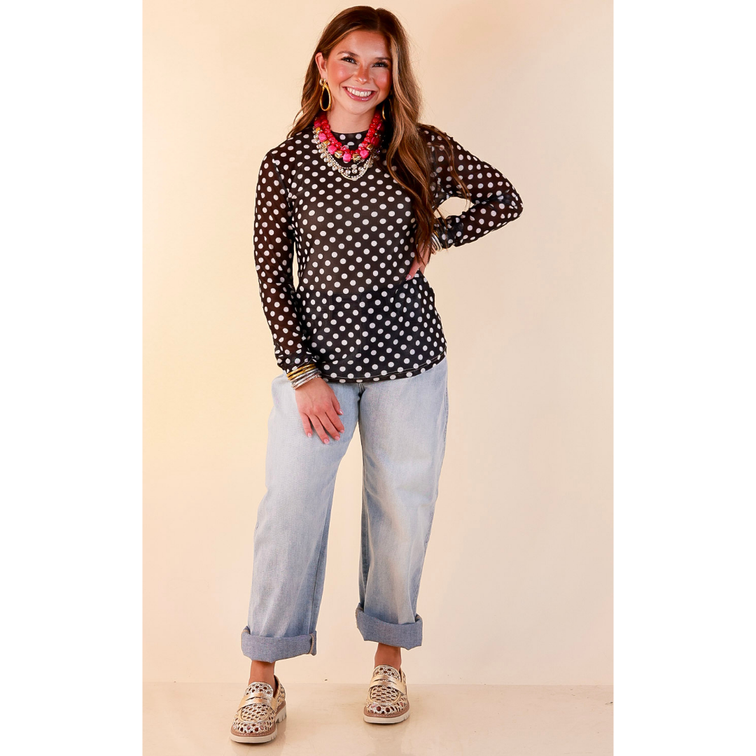 The Perfect Layer White Polka Dot Print Sheer Mesh Long Sleeve Top in Black