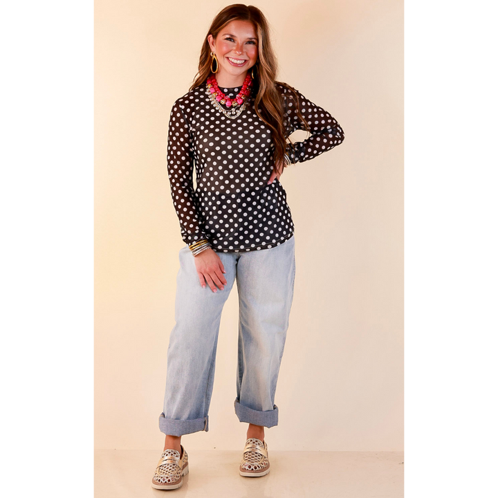 The Perfect Layer White Polka Dot Print Sheer Mesh Long Sleeve Top in Black