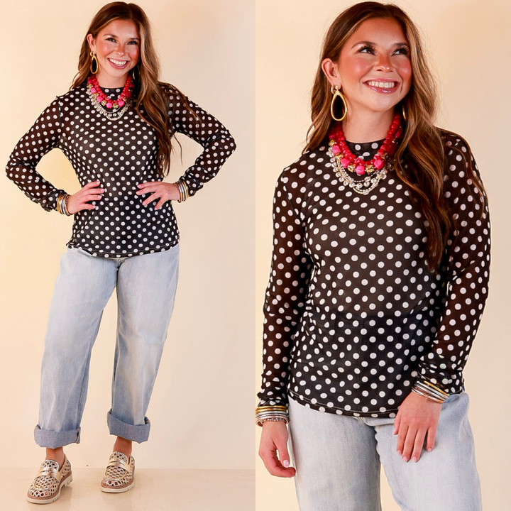 The Perfect Layer White Polka Dot Print Sheer Mesh Long Sleeve Top in Black