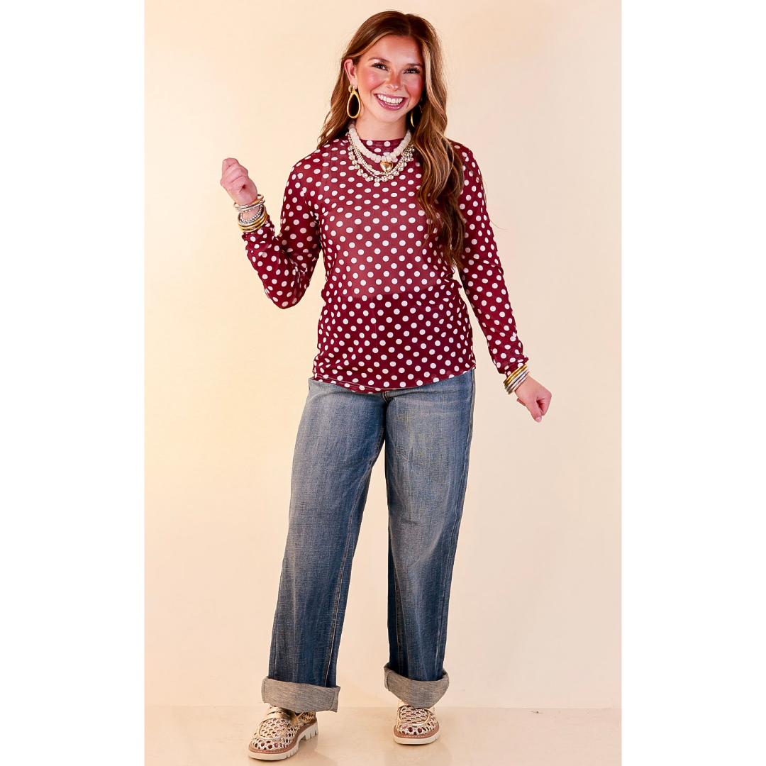 The Perfect Layer White Polka Dot Print Sheer Mesh Long Sleeve Top in Maroon
