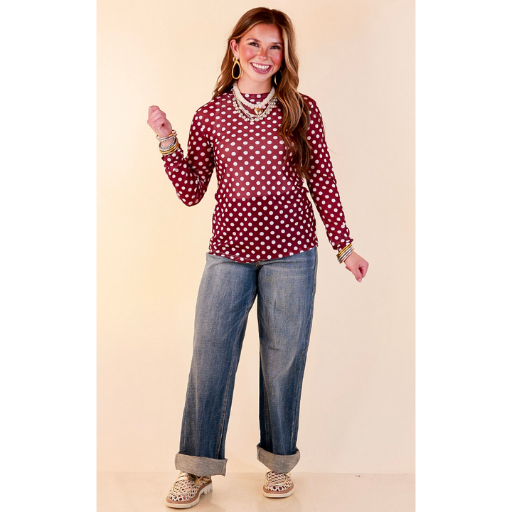 The Perfect Layer White Polka Dot Print Sheer Mesh Long Sleeve Top in Maroon