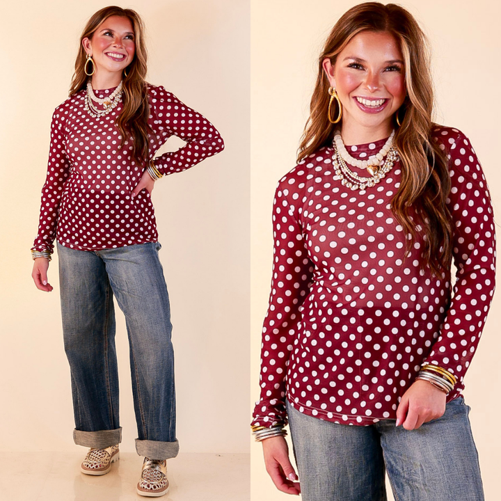 The Perfect Layer White Polka Dot Print Sheer Mesh Long Sleeve Top in Maroon
