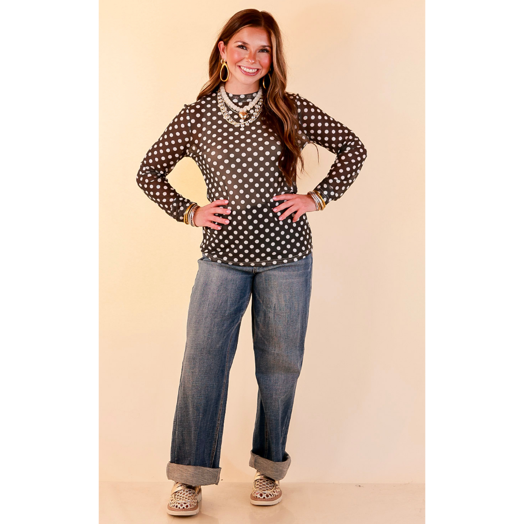 The Perfect Layer White Polka Dot Print Sheer Mesh Long Sleeve Top in Olive Green