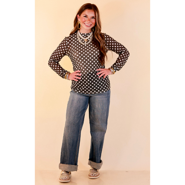 The Perfect Layer White Polka Dot Print Sheer Mesh Long Sleeve Top in Olive Green