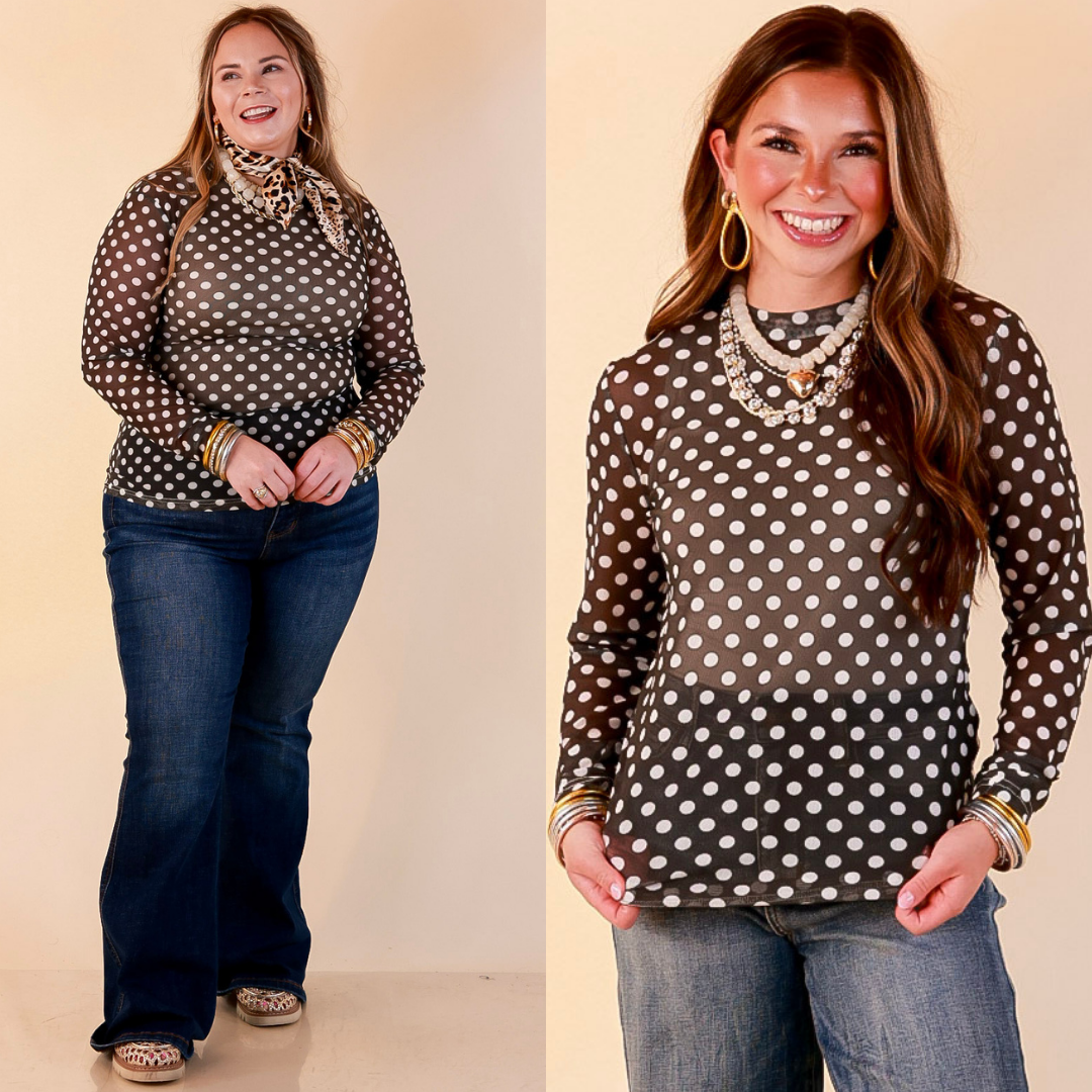 The Perfect Layer White Polka Dot Print Sheer Mesh Long Sleeve Top in Olive Green