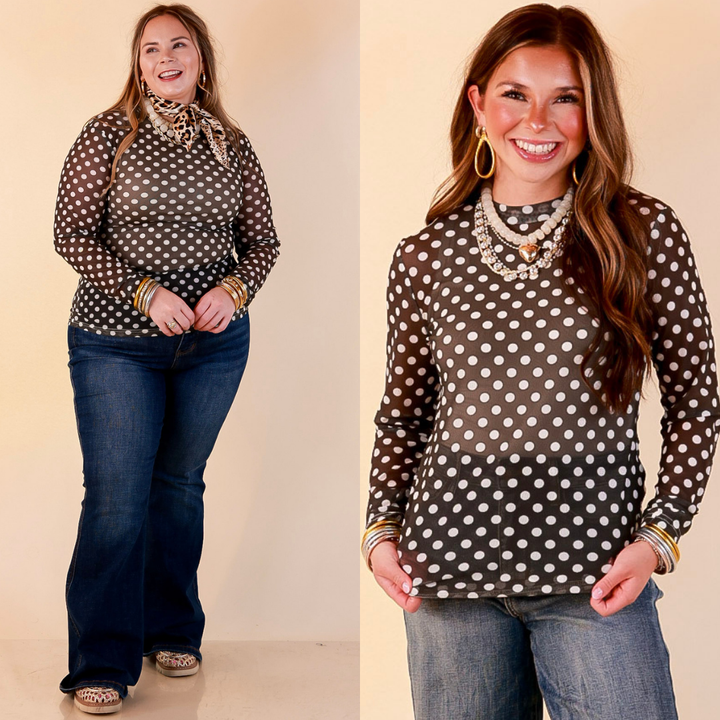 The Perfect Layer White Polka Dot Print Sheer Mesh Long Sleeve Top in Olive Green