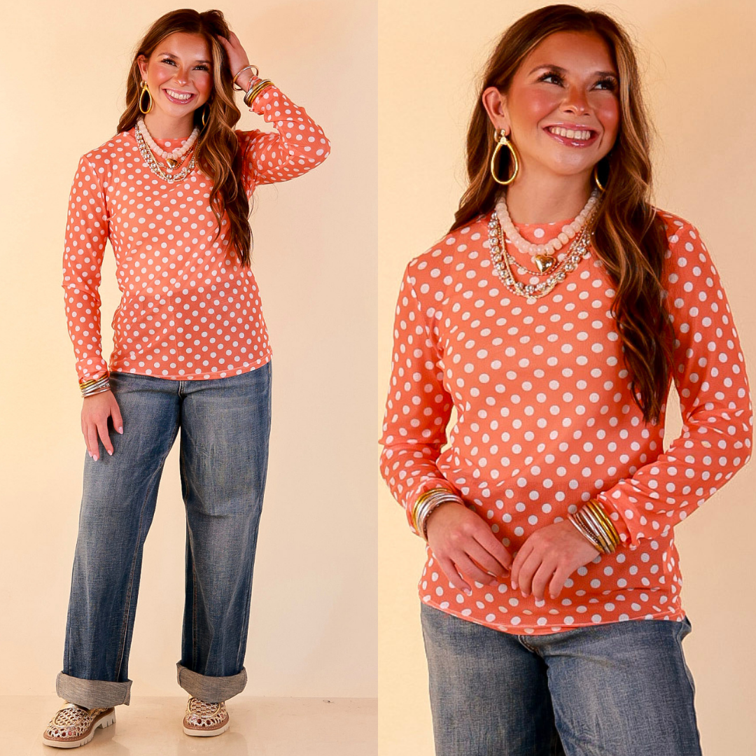 The Perfect Layer White Polka Dot Print Sheer Mesh Long Sleeve Top in Orange