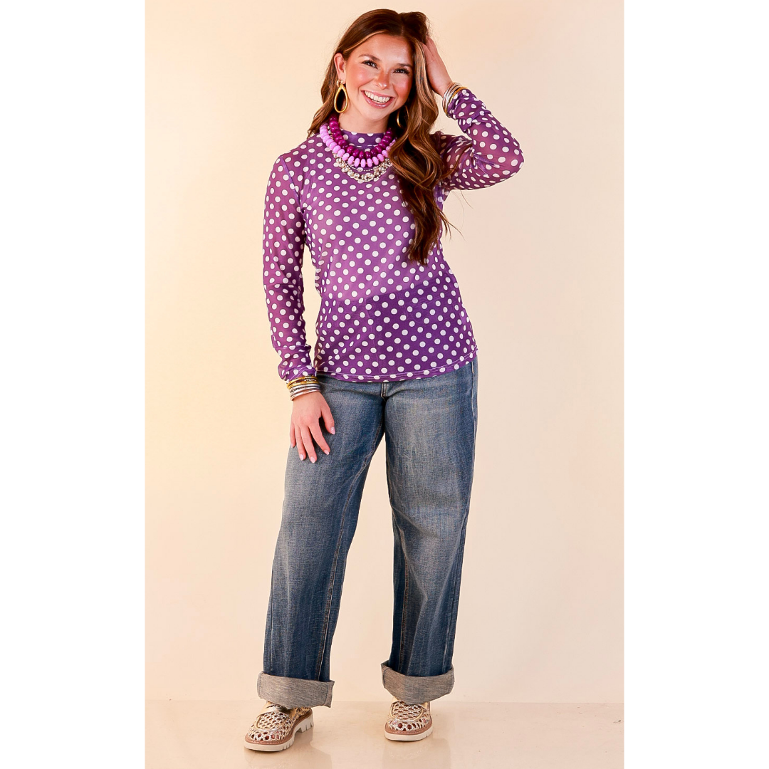 The Perfect Layer White Polka Dot Print Sheer Mesh Long Sleeve Top in Purple