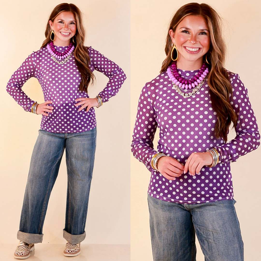 The Perfect Layer White Polka Dot Print Sheer Mesh Long Sleeve Top in Purple