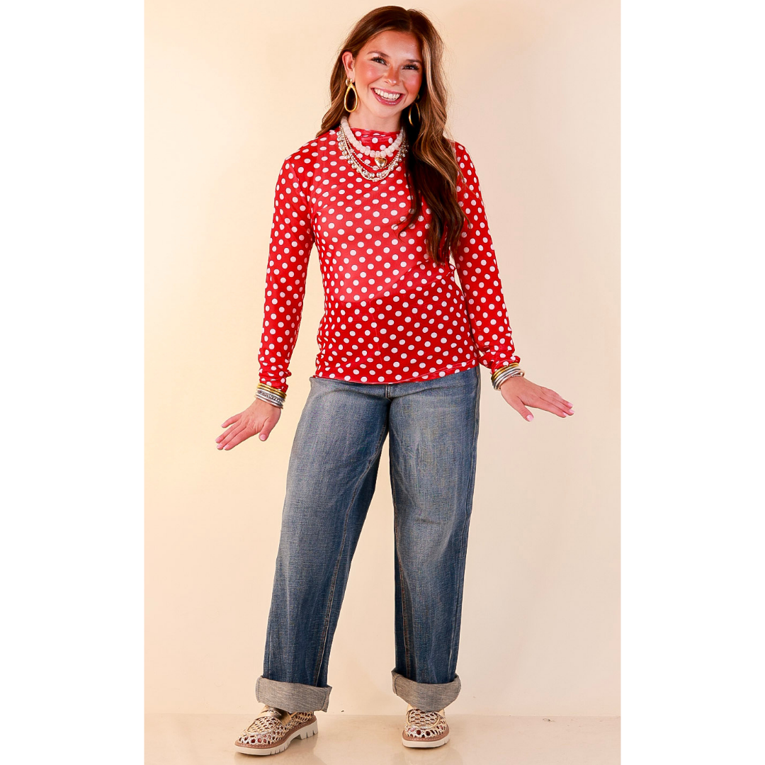 The Perfect Layer White Polka Dot Print Sheer Mesh Long Sleeve Top in Red