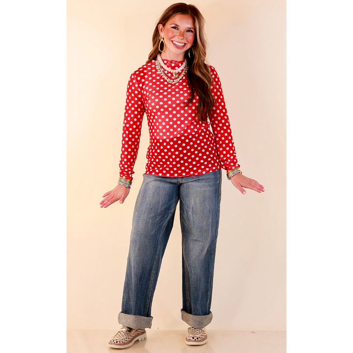 The Perfect Layer White Polka Dot Print Sheer Mesh Long Sleeve Top in Red
