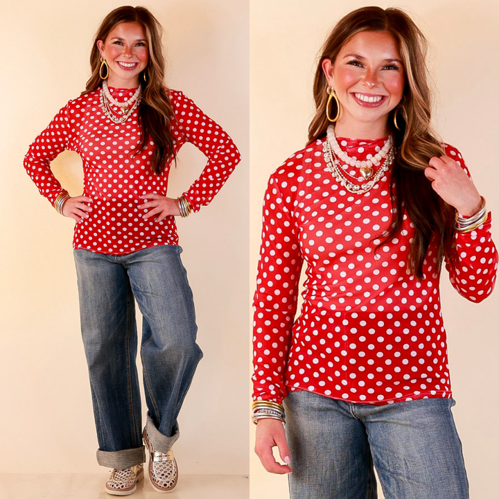 The Perfect Layer White Polka Dot Print Sheer Mesh Long Sleeve Top in Red