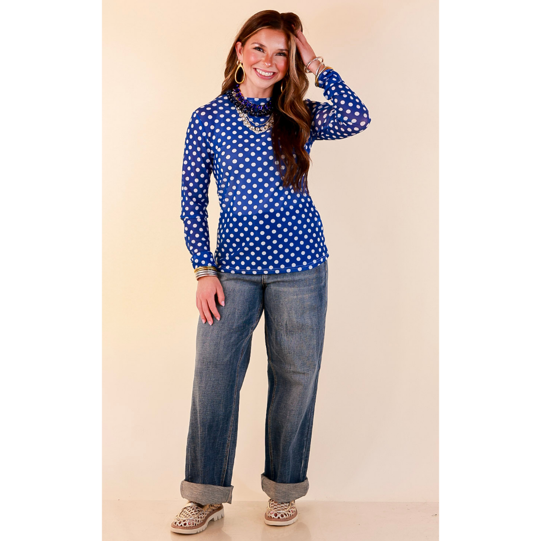 The Perfect Layer White Polka Dot Print Sheer Mesh Long Sleeve Top in Royal Blue