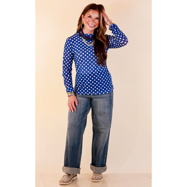 The Perfect Layer White Polka Dot Print Sheer Mesh Long Sleeve Top in Royal Blue