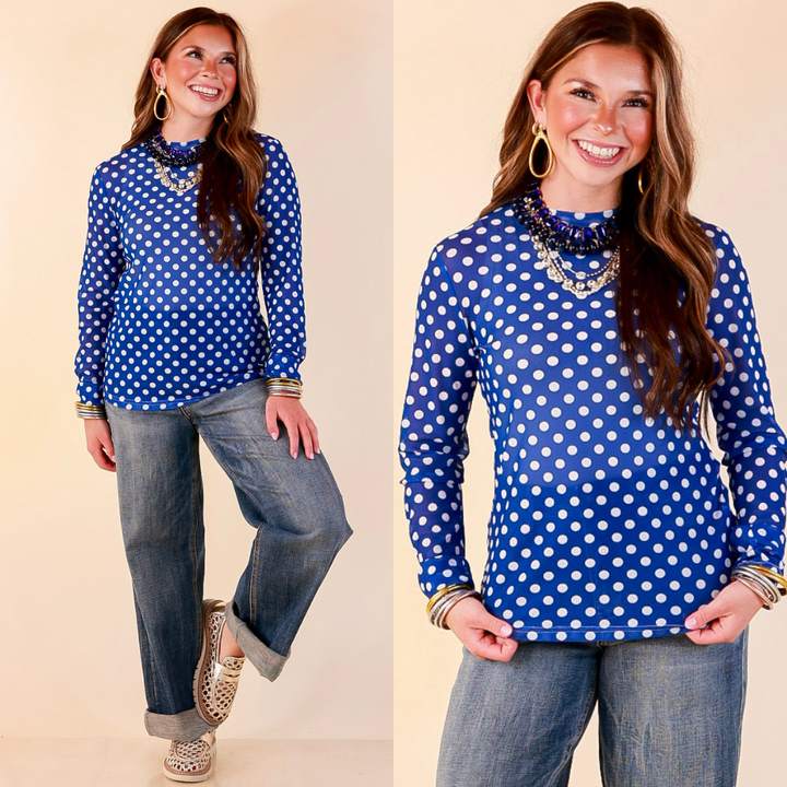 The Perfect Layer White Polka Dot Print Sheer Mesh Long Sleeve Top in Royal Blue