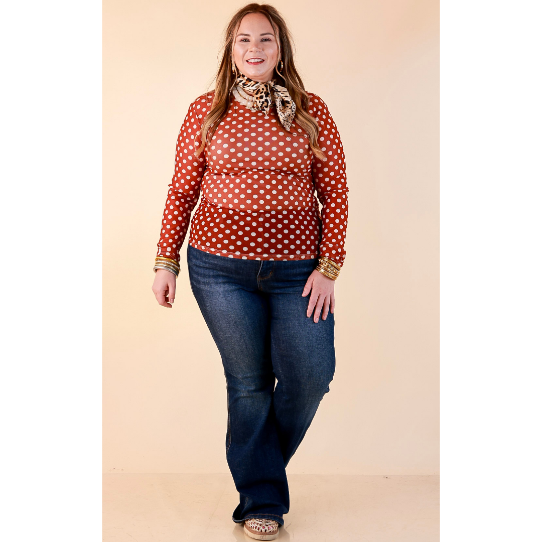 The Perfect Layer White Polka Dot Print Sheer Mesh Long Sleeve Top in Rust Orange