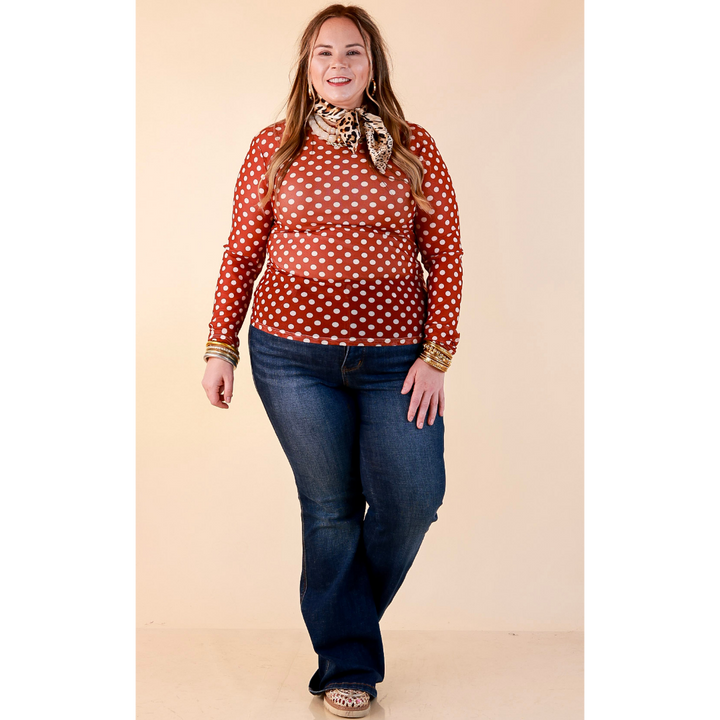 The Perfect Layer White Polka Dot Print Sheer Mesh Long Sleeve Top in Rust Orange