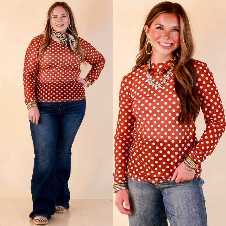 The Perfect Layer White Polka Dot Print Sheer Mesh Long Sleeve Top in Rust Orange