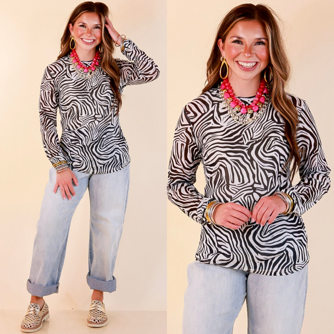 The Perfect Layer Zebra Print Sheer Mesh Long Sleeve Top in Black and White