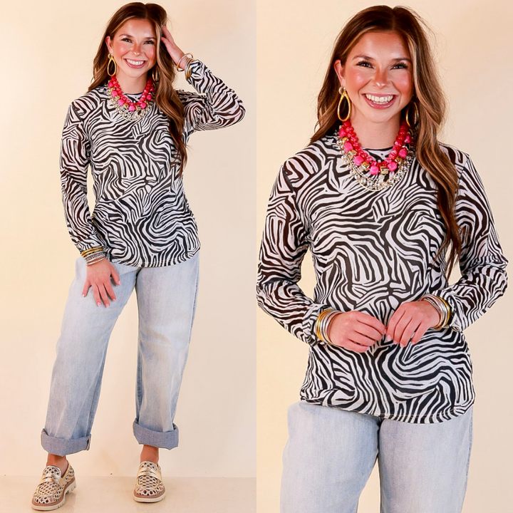 The Perfect Layer Zebra Print Sheer Mesh Long Sleeve Top in Black and White