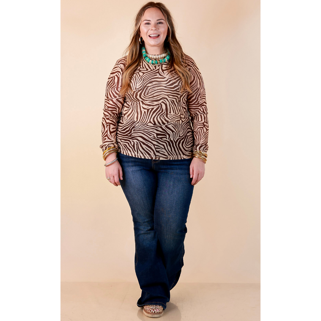 The Perfect Layer Zebra Print Sheer Mesh Long Sleeve Top in Chocolate Brown and Ivory