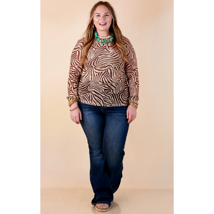 The Perfect Layer Zebra Print Sheer Mesh Long Sleeve Top in Chocolate Brown and Ivory
