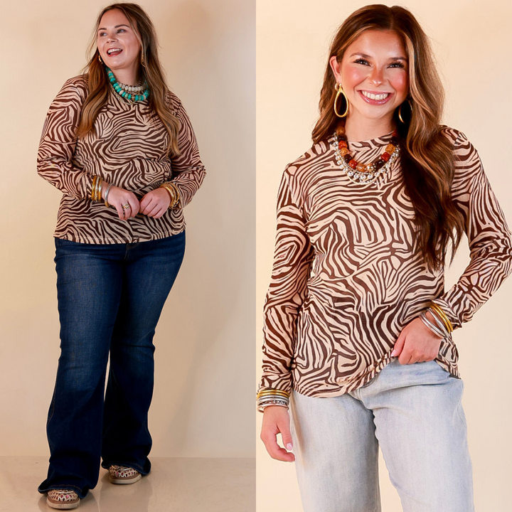 The Perfect Layer Zebra Print Sheer Mesh Long Sleeve Top in Chocolate Brown and Ivory