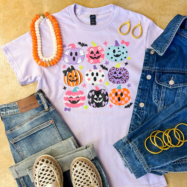 The Pumpkin Club Colorful Jack-O’-Lantern Halloween Graphic Tee in Lavender Purple