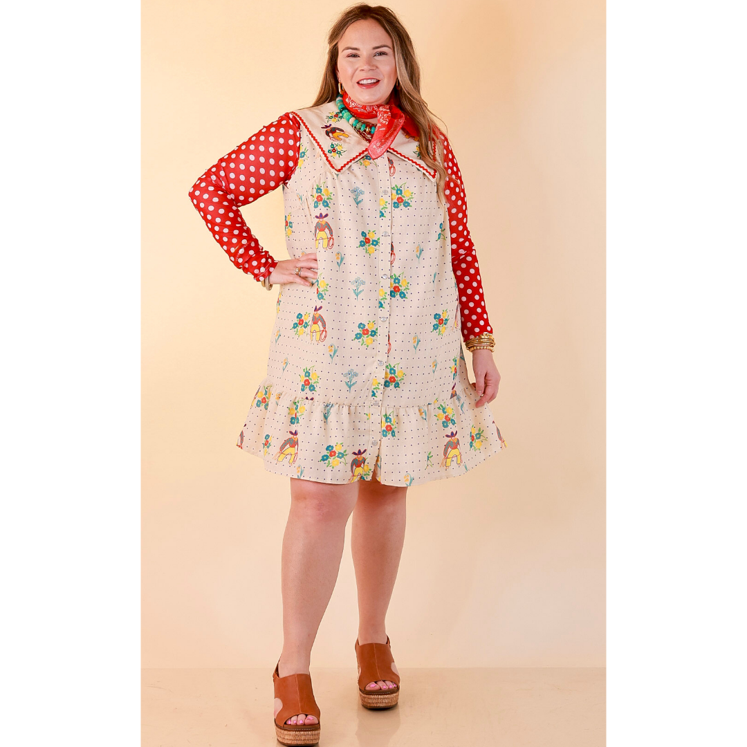 The Showstopper Sleeveless Pearl Snap Cowboy, Floral and Polka Dot Print Ruffle Dress with Sailor Collar and Cowboy Embroidery in Cream