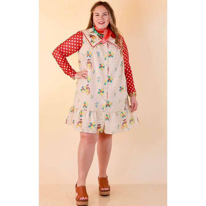 The Showstopper Sleeveless Pearl Snap Cowboy, Floral and Polka Dot Print Ruffle Dress with Sailor Collar and Cowboy Embroidery in Cream
