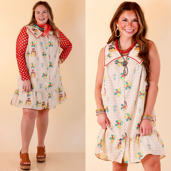 The Showstopper Sleeveless Pearl Snap Cowboy, Floral and Polka Dot Print Ruffle Dress with Sailor Collar and Cowboy Embroidery in Cream