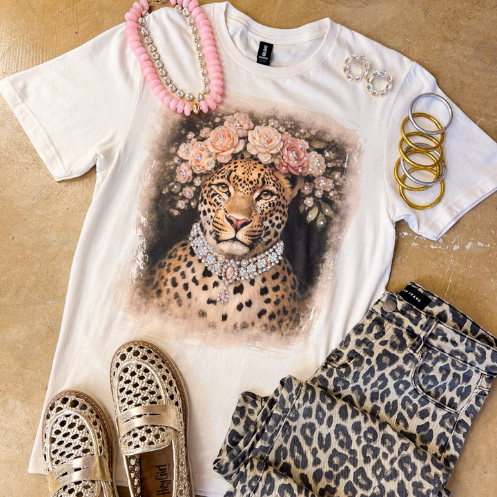 The Socialite Jeweled Printed Leopard with Floral Crown Short Sleeve Graphic Tee with Crystals in Cream