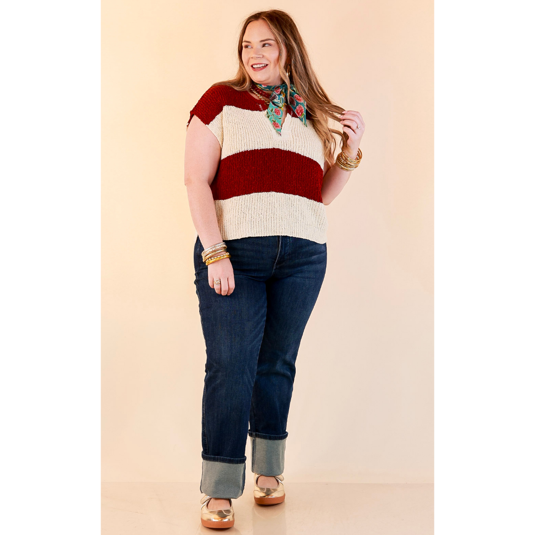 The Style Standard Striped Sleeveless Sweater Knit Top in Burgundy and Ivory