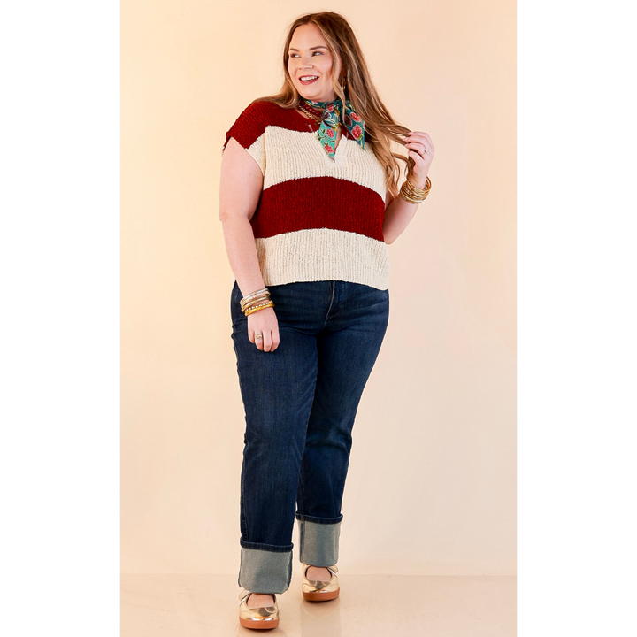 The Style Standard Striped Sleeveless Sweater Knit Top in Burgundy and Ivory