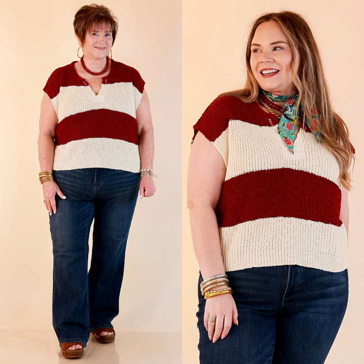 The Style Standard Striped Sleeveless Sweater Knit Top in Burgundy and Ivory