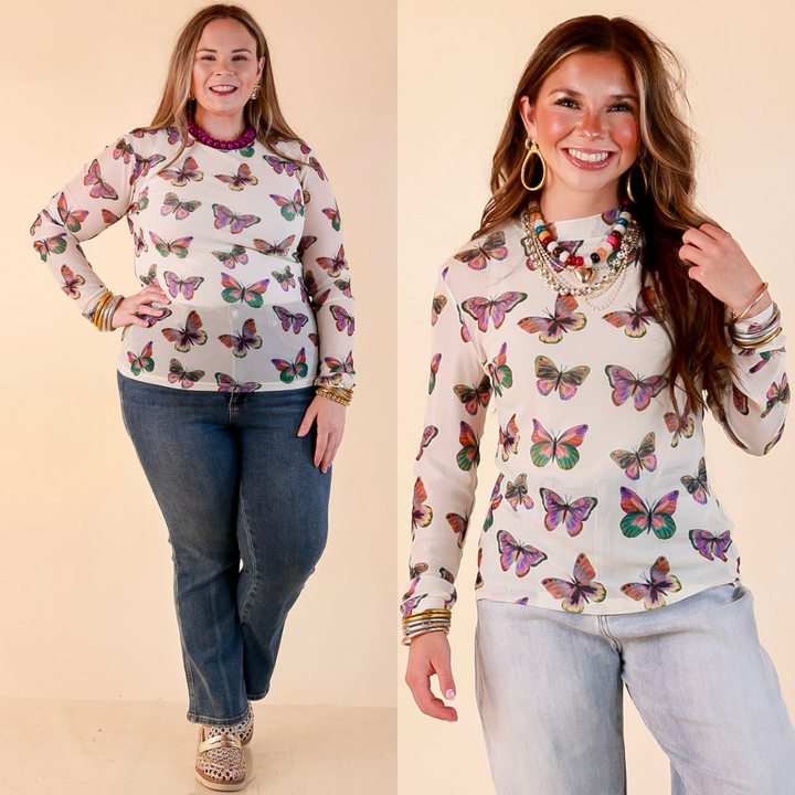 The Perfect Layer Butterfly Print Sheer Mesh Long Sleeve Top in Cream and Gemstone Colors