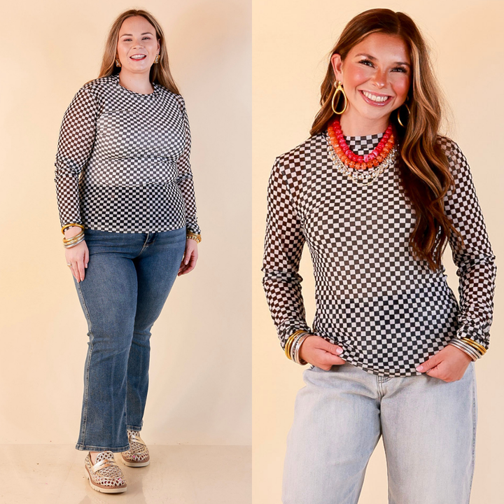 The Perfect Layer Checkered Print Sheer Mesh Long Sleeve Top in Black and White