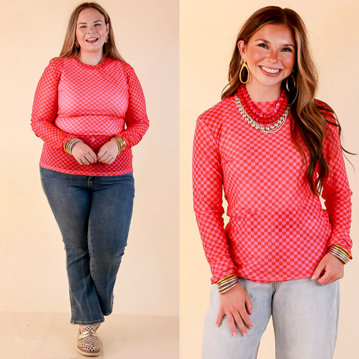 The Perfect Layer Checkered Print Sheer Mesh Long Sleeve Top in Red and Pink