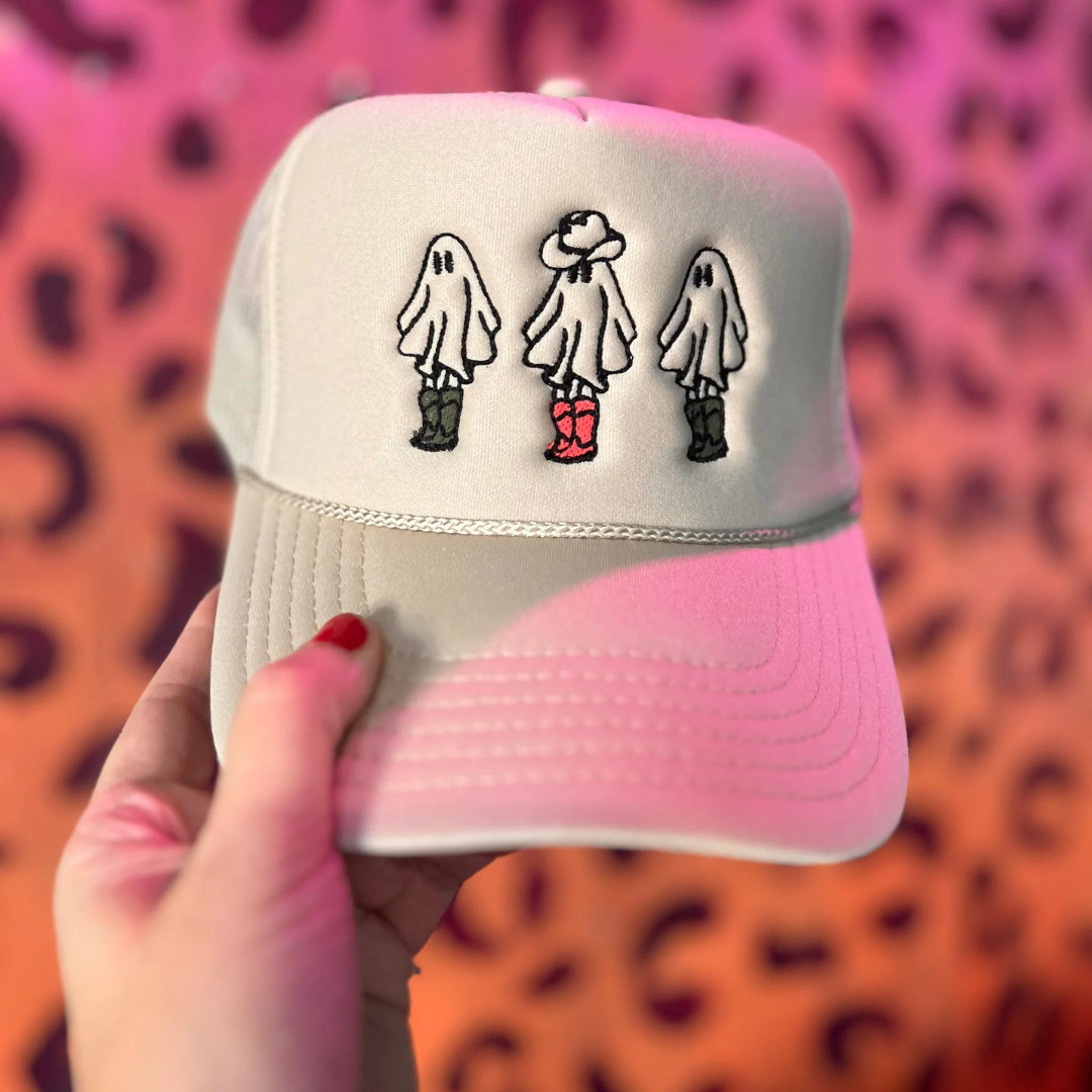 Online Exclusive | Three Ghost Sisters Embroidered Trucker Cap in Tan