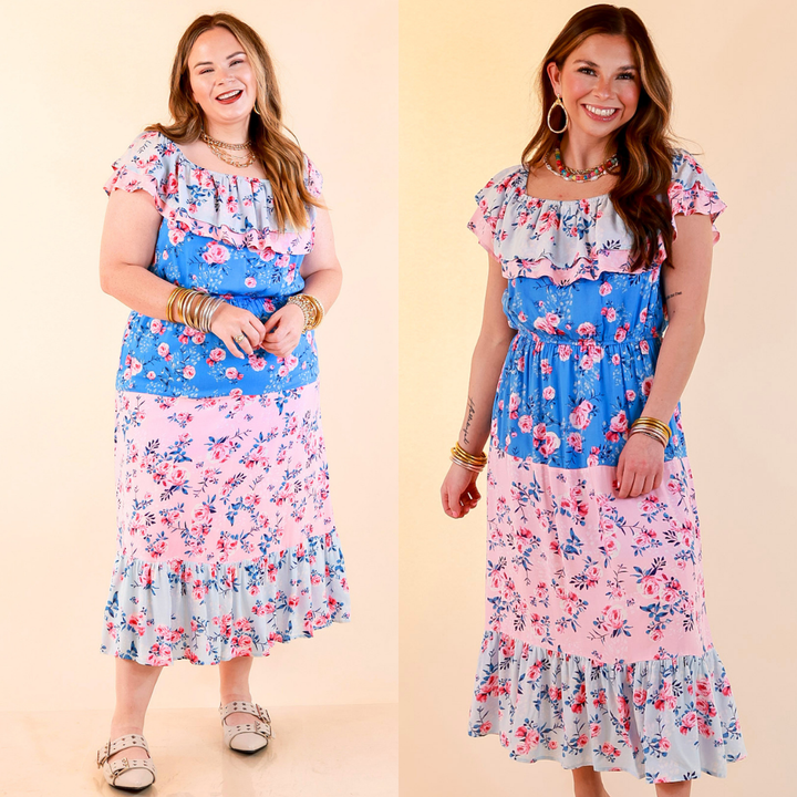 Tides In Tulum Floral Midi Dress with Ruffle Sleeves in Pink and Blue