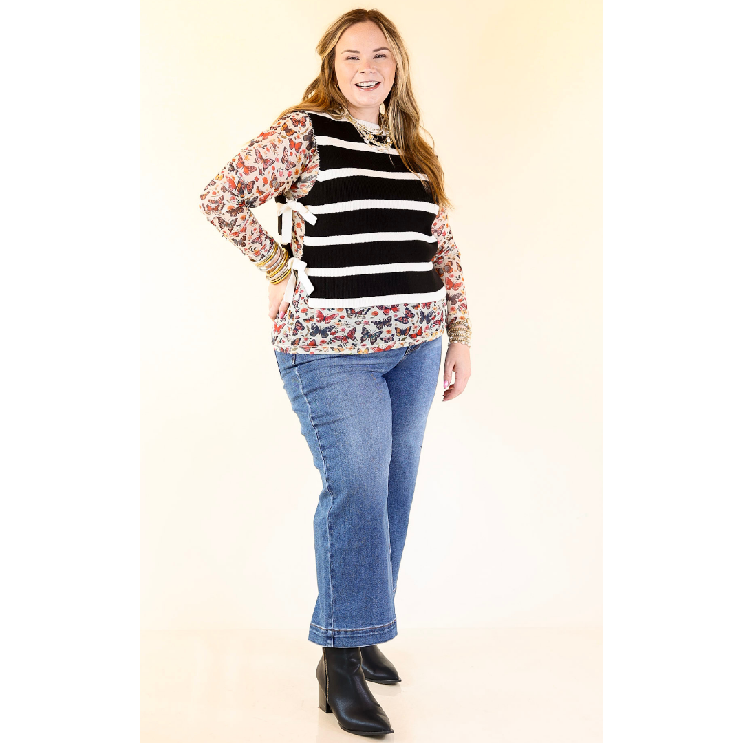 Tied Up in Style Knit Sweater with Side Ties in Black with Off White Stripes