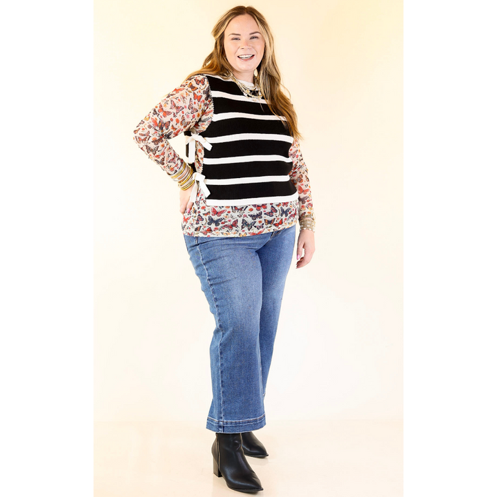 Tied Up in Style Knit Sweater with Side Ties in Black with Off White Stripes