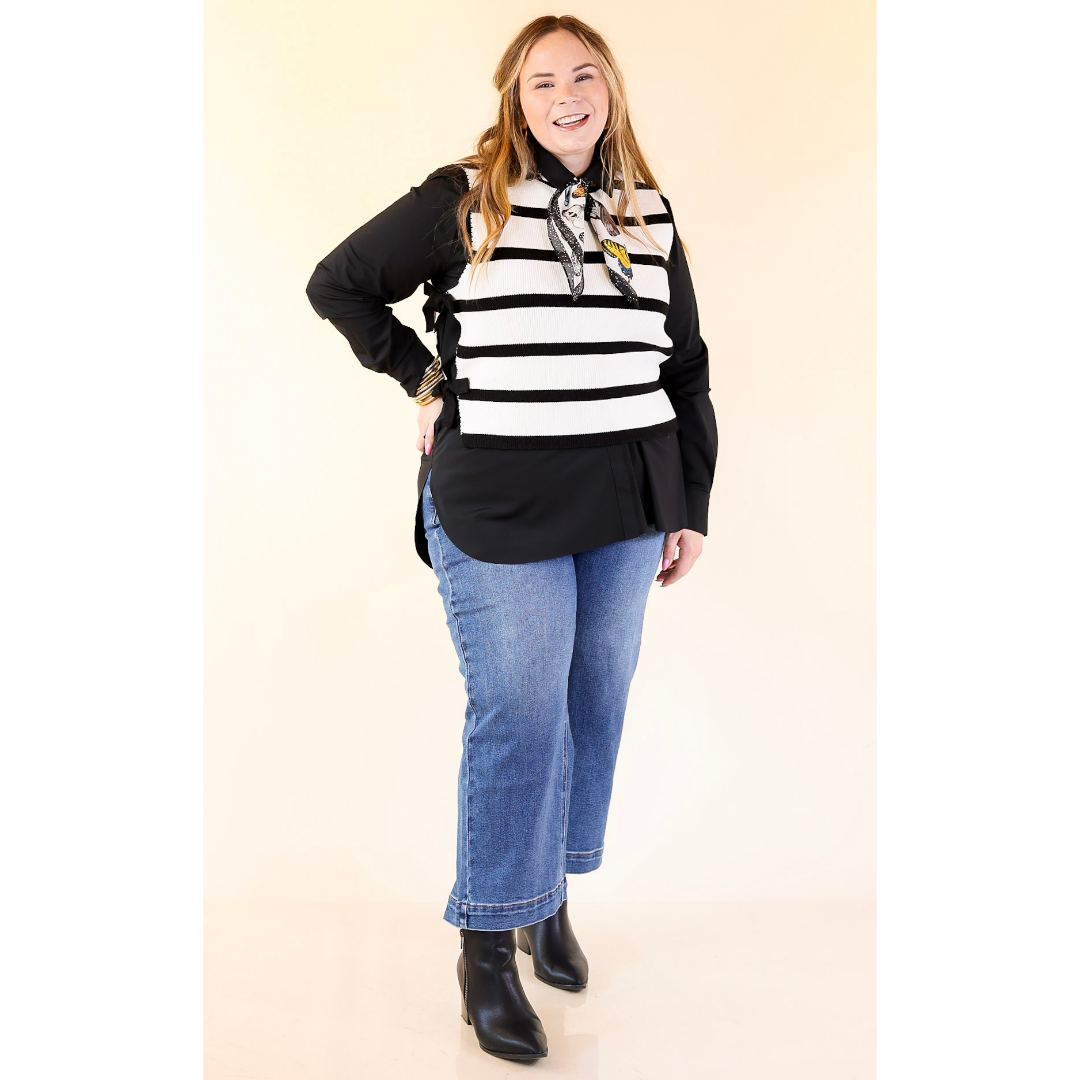 Tied Up in Style Knit Sweater with Side Ties in Off White with Black Stripes