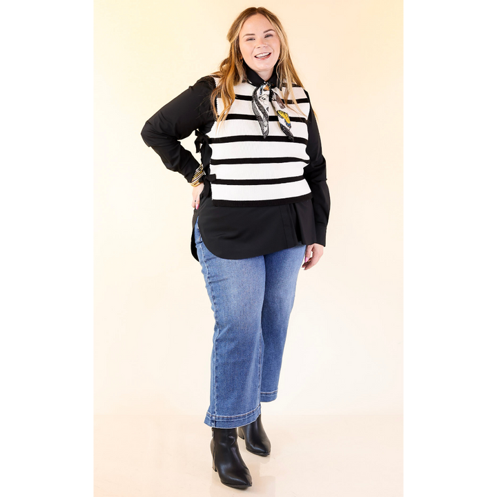 Tied Up in Style Knit Sweater with Side Ties in Off White with Black Stripes